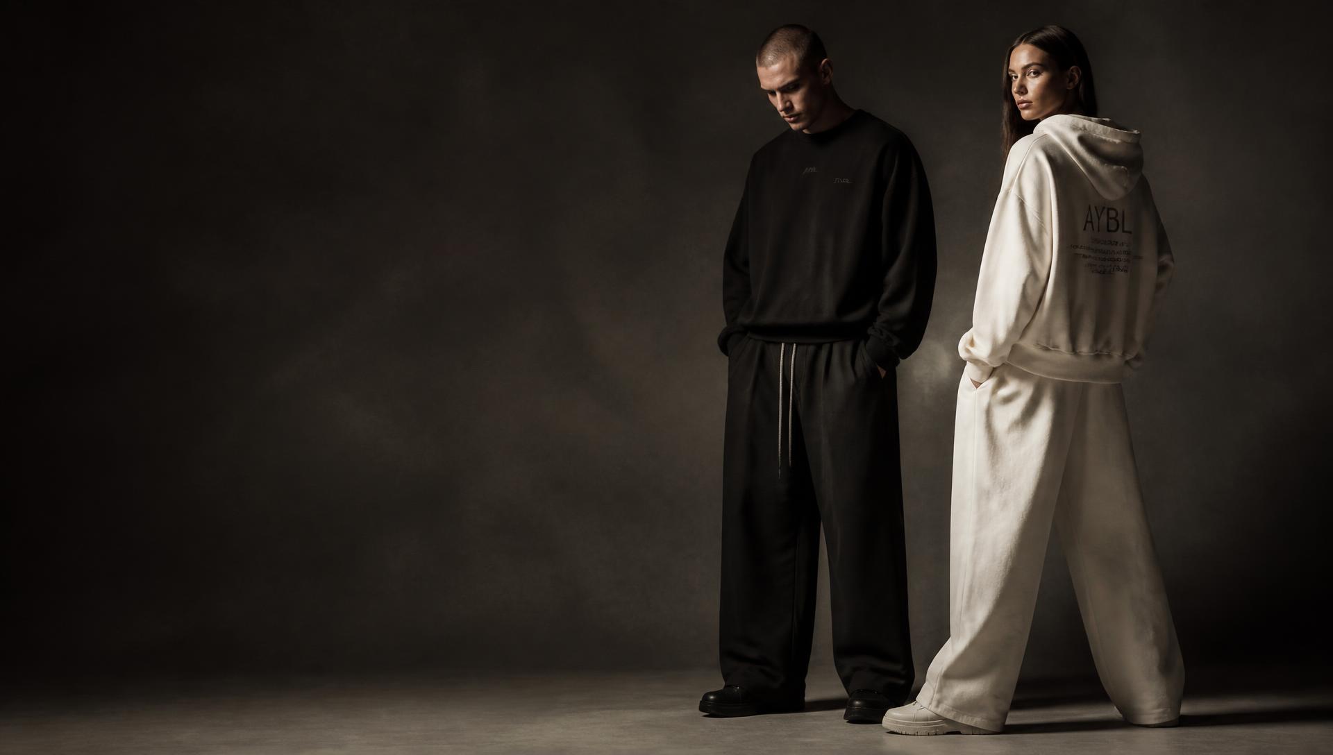 Two models wearing GC Creation black and bone streetwear